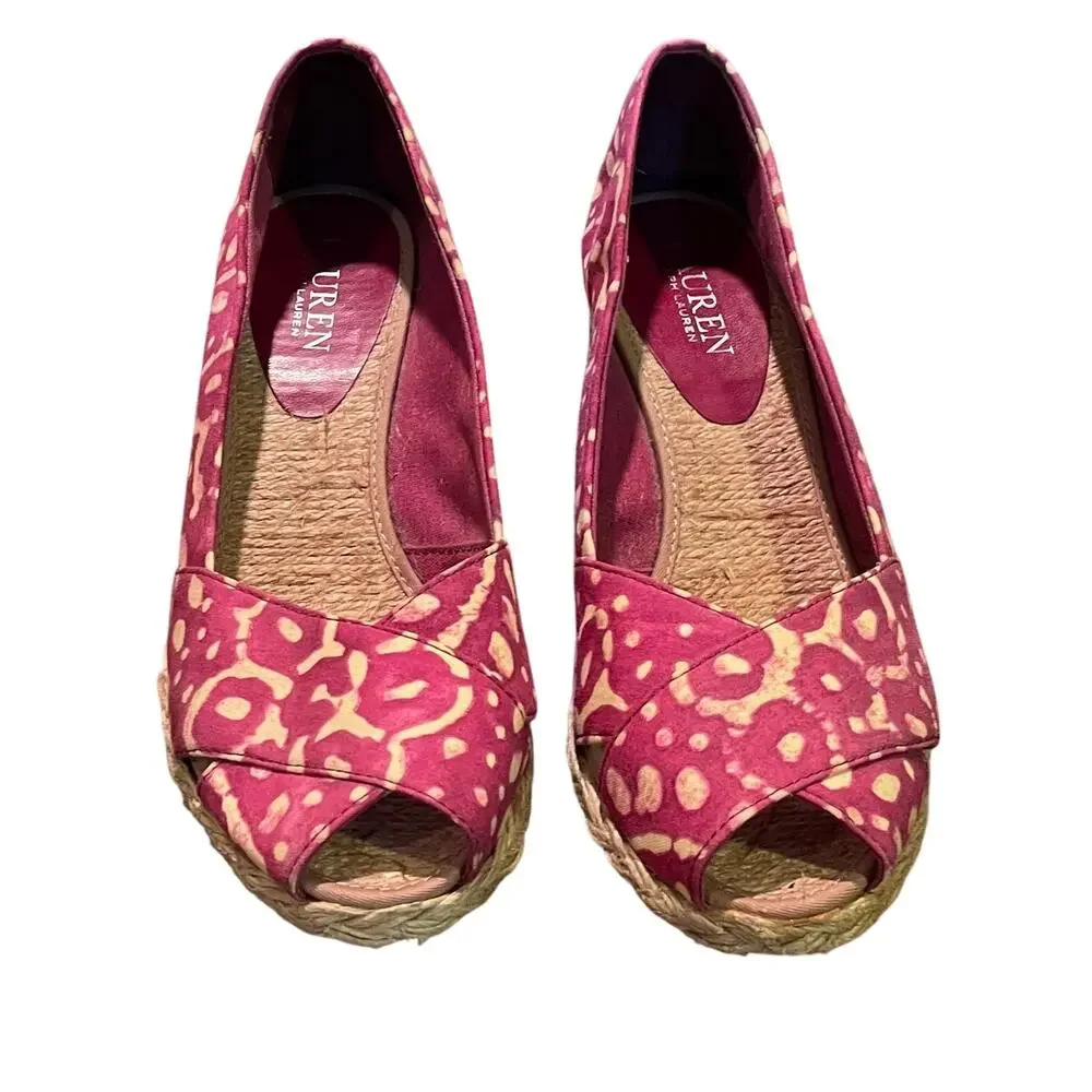 Lauren Ralph Lauren Cecilia Espadrille Peep Toe Wedge, Red/Pink Floral, Size 8